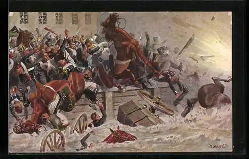 Künstler-AK O. Merte: Befreiungskriege, Sprengung der Elsterbrücke 1813