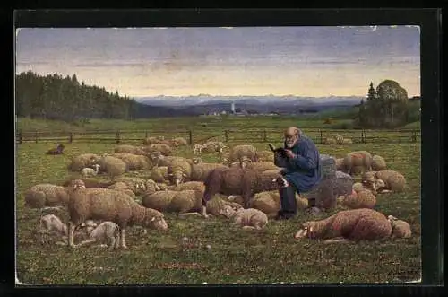 Künstler-AK Josef Madlener: Abendfrieden, Schäfer mit seiner Herde und einem Buch