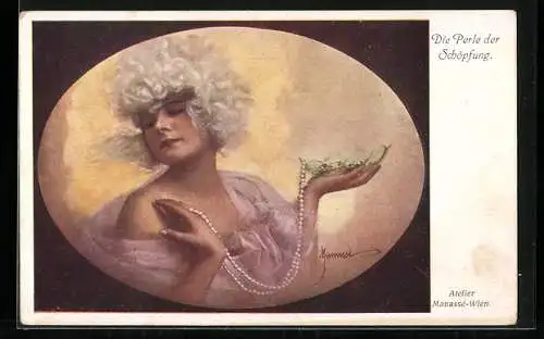 Künstler-AK Manasse: Die Perle der Schöpfung, Frau mit weisshaariger Perücke und Perlenkette
