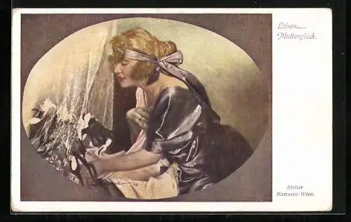 Künstler-AK Manasse: Frau mit Blumen vom Verehrer