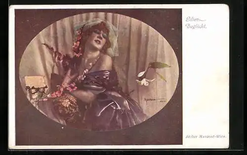 Künstler-AK Manasse: Lilien-beglückt, Frau mit Blumenkette und Schmuckkästchen