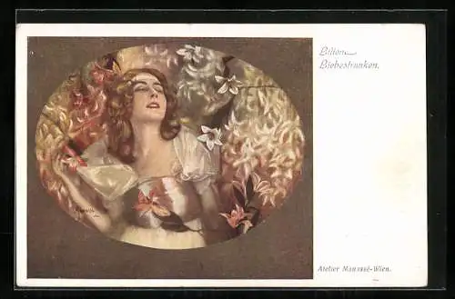 Künstler-AK Manasse: Lilien-Liebestrunken, Frau inmitten von weissen Lilien