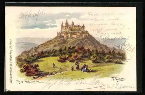 Künstler-Lithographie Friedrich Perlberg: Bisingen-Zimmern, Blick zur Burg Hohenzollern