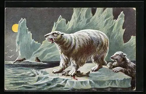 Künstler-AK Friedrich Perlberg: Eisbären auf Jagd