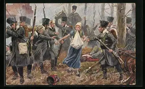 Künstler-AK R. Knötel: Johanna Stegen versorgt die Kämpfer mit Patronen, Lüneburg, 2. April 1813