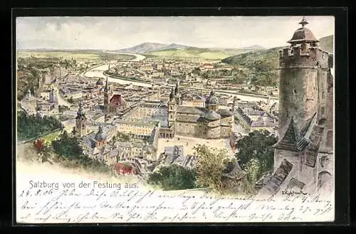 Künstler-AK Franz Kulstrunk: Salzburg, Gesamtansicht von der Festung aus gesehen