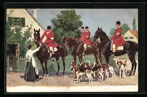 Künstler-AK Anton Hoffmann - München: Reiter zu Pferd mit Hundeschar