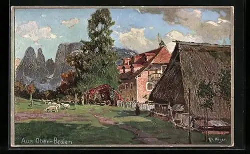 Künstler-AK Rudolf Alfred Höger: Soprabolzano /Renòn, Ortspartie mit Schafen