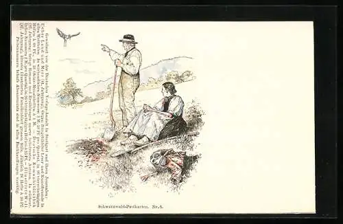 AK Schwarzwald-Postkarten No. 7, Bauernpaar und Storch, Tracht
