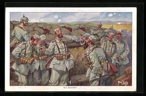 Künstler-AK A. Thiele: Rauchende Soldaten im Schützengraben