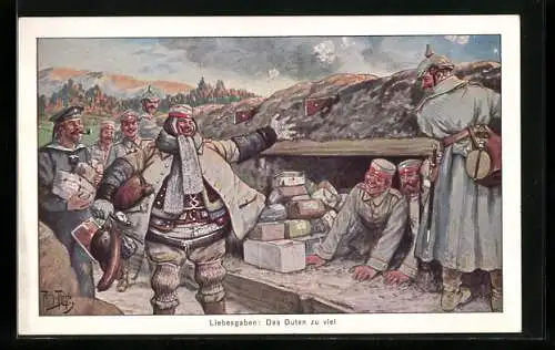 Künstler-AK A. Thiele: Soldat mit reichlich Liebesgaben im Schützengraben