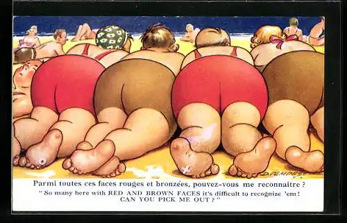 Künstler-AK Douglas Tempest: Can you pick me out?, Strandurlauber von hinten