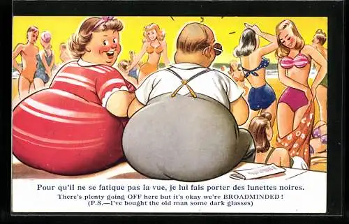 AK Pour qu`il ne se fatique pas la vue..., Dickes Paar sitzt am Strand