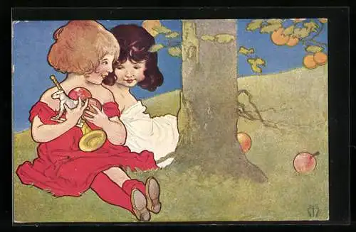 Künstler-AK Maxim Trübe: Zwei Mädchen unter einem Apfelbaum