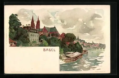 Künstler-Lithographie Fritz Voellmy: Basel, Blick Rhein auf die Stadt