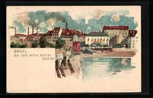 Künstler-Lithographie Fritz Voellmy: Basel, Ortspartie an der alten Rheinbrücke