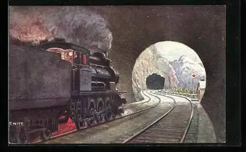 Künstler-AK F. Witt: Eisenbahn fährt durch einen Tunnel