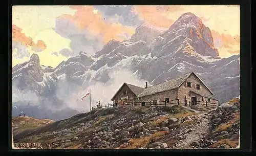 Künstler-AK sign.: Reschreiter, Memminger Hütte in den Lechtaler Alpen