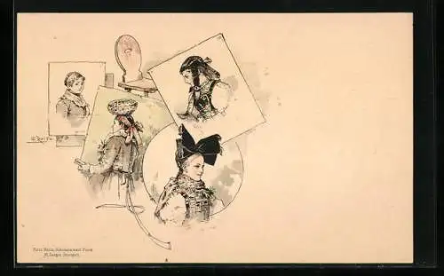 Künstler-AK Fritz Reiss: verschiedene Kopfbedeckungen der Frauentrachten