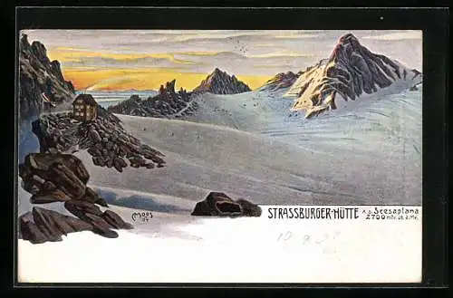 Künstler-AK Carl Moos: Strassburger-Hütte a.d. Seesaplana