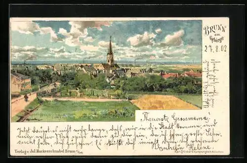 Lithographie Brunn am Gebirge, Teilansicht der Ortschaft mit Kirche