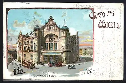Lithographie Wien, Pferdekutschen vor dem Jubiläums-Theater