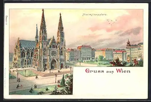 Lithographie Wien, Maximiliansplatz mit Votivkirche
