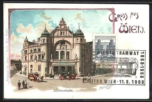 AK Wien, Jubiläumstheater mit Kutsche und Pferdebahn