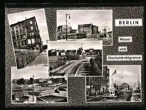 AK Berlin, Mauer und Stacheldrahtgrenze, Bernauer- u. Heinrich-Heine-Str. Checkpoint Charlie, Potsdamer Platz