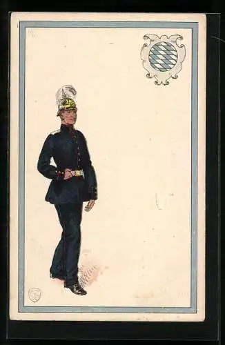 AK Bayerischer Infanterie-Soldat in dunkelblauer Uniform mit Pickelhaube