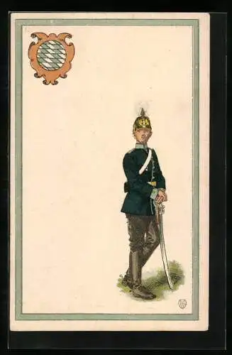 AK Bayerischer Infanterie-Soldat in Uniform mit Pickelhaube und Degen