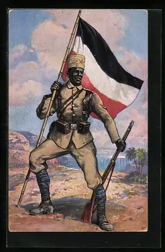 AK Askari mit Gewehr und deutscher Fahne aus Deutsch-Ostafrika, Kolonialkriegerdank