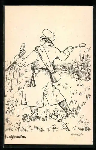 Künstler-AK sign. Schellmann: Soldat in Uniform mit Handgranaten