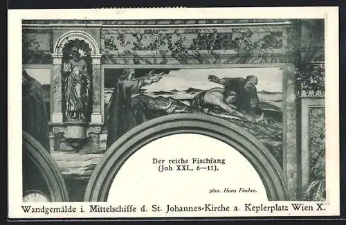 AK Wien, St. Johannes-Kirche am Keplerplatz, Wandgemälde im Mittelschiff
