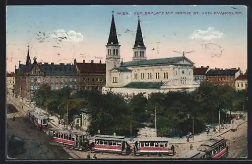 AK Wien, Keplerplatz mit Kirche St. Joh. Evangelsit, Strassenbahn