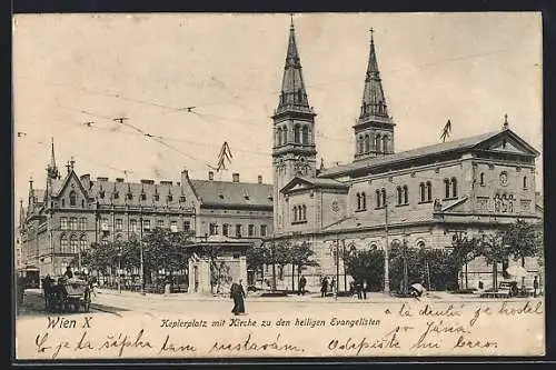 AK Wien, Keplerplatz mit Kirche zu den heiligen Evangelisten, Fuhrwerk