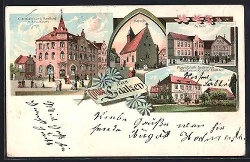 Lithographie Laatzen / Hannover, Kolonialwaren-Handlung v. Chr. Rich, Wagenfabrik Maschinen u. Geräte E. Köhler