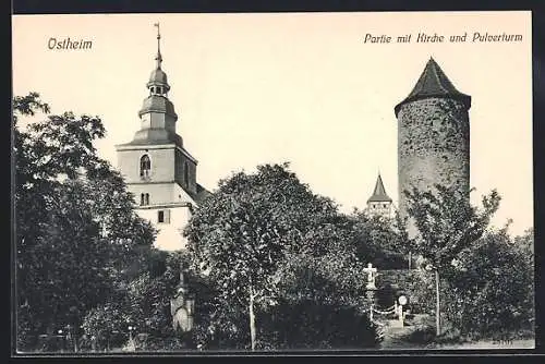 AK Ostheim / Rhön, Partie mit Kirche und Pulverturm
