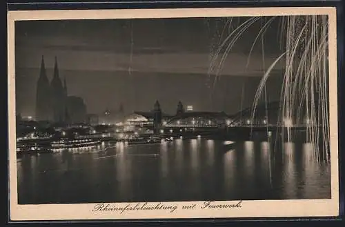 AK Köln, Rheinuferbeleuchtung mit Feuerwerk
