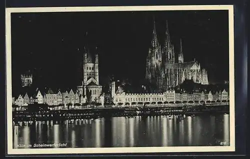 AK Köln, Rheinpartie mit Dom im Scheinwerferlicht