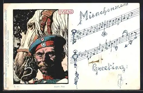 Künstler-AK Angelo Jank, G. Hirth`s Verlag, Serie I: Soldatenportrait mit weissem Pferd