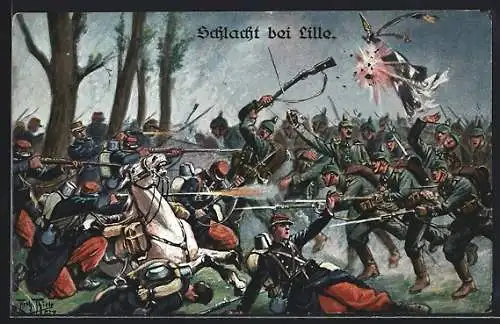 Künstler-AK Arthur Thiele: Lille, Soldaten in Uniform in der Schlacht