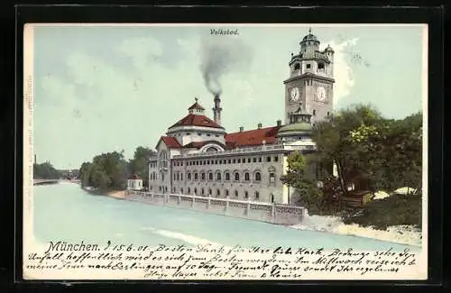 AK München, Volksbad am Ufer der Isar