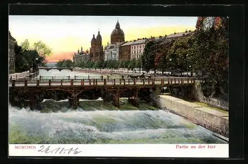 AK München, Isarpartie mit Brücke