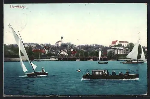 AK Starnberg, Ortsansicht mit Segelschiffen auf dem See