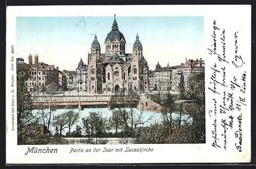 AK München, Partie an der Isar mit Lucaskirche