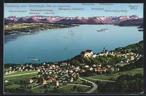 AK Starnberg, Panorama vom Starnberger See mit Blick zu Karwendel- u. Wettersteingebirge