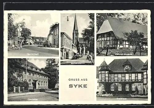 AK Syke, Sparkasse, Herrlichkeit, Mühlendamm mit Kirche, Heimat-Museum, Kreishaus