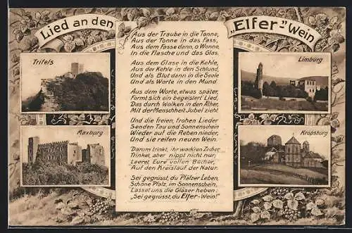 AK Limburg / Kloster, Lied an den Elfer-Wein, Ansichten von Kropsburg, Maxburg, Trifels