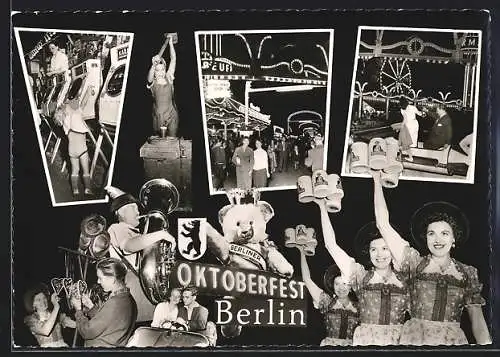 AK Berlin, Oktoberfest, Berliner Bär, Damen in Tracht mit Schultheiss-Bierkrügen